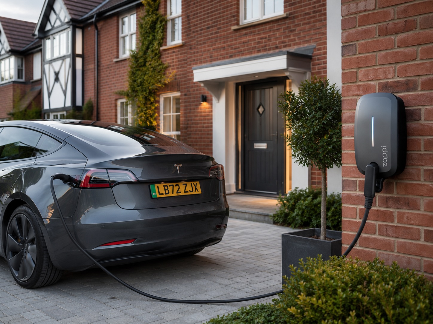 An electric car charging from a wall-mounted charger on a home driveway