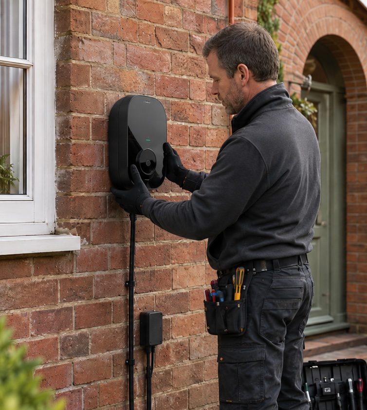 An engineer fitting a wall-mounted EV charger to the brick wall of a home